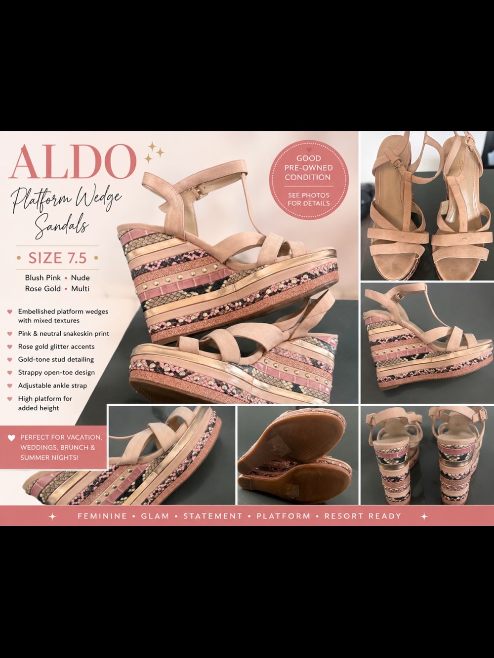 ALDO Blush Pink & Rose Gold Platform Wedge Sandals
